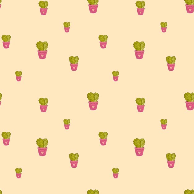 Cactus valentine seamless pattern. A watercolor illustration. Hand drawn texture. Isolated peach 