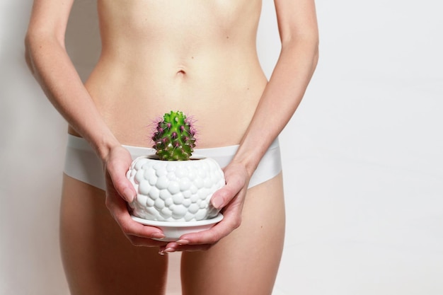 Cactus van een mooi slank vrouwelijk lichaam laser ontharing op een vrouwelijk lichaam bikini waxing