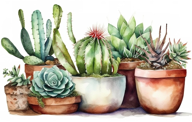 サボテン水彩サボテン植物手白い背景に描かれたイラスト
