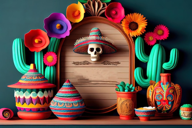 メキシコのソンブレロ帽子をかぶったサボテン シンコ・デ・マヨのお祝いの背景 ジェネレーティブai