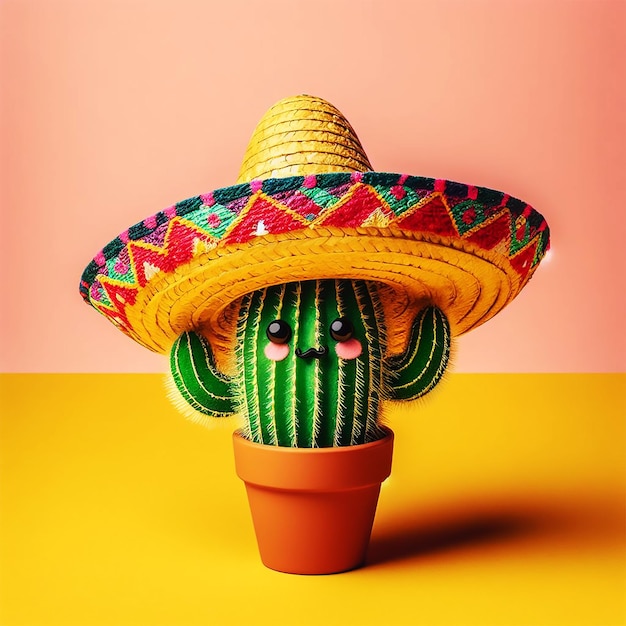 Cactus wearing a Mexican sombrero hat Cinco de mayo celebration background