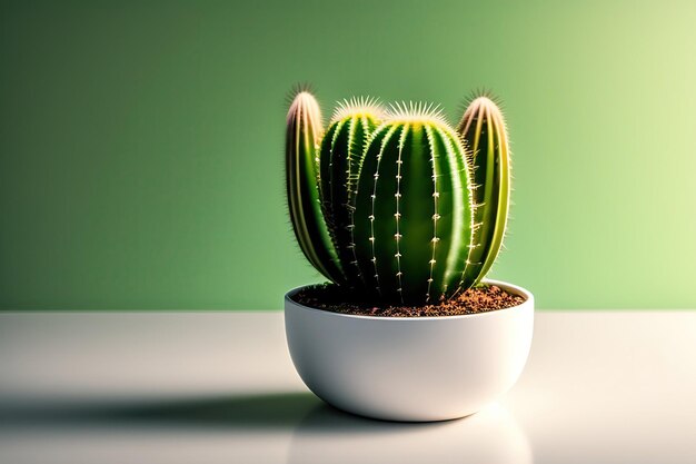 Cactus in a white planter isolated on a bright green background