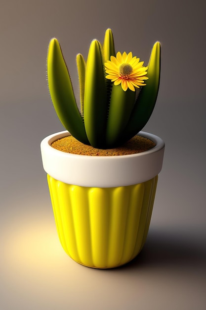 Cactus in a white planter isolated on a bright yellow background