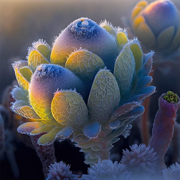 A cactus with a blue and green flower on it