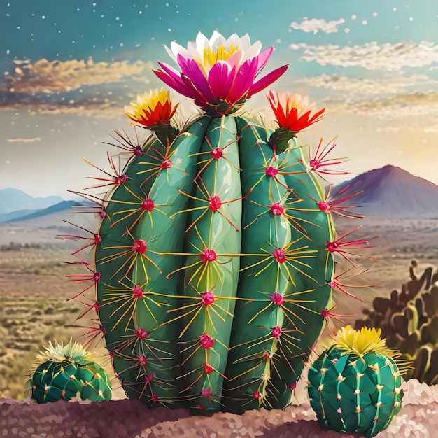 a cactus with colorful flowers in the desert