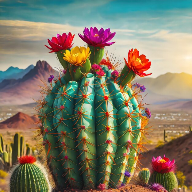 a cactus with colorful flowers in the desert