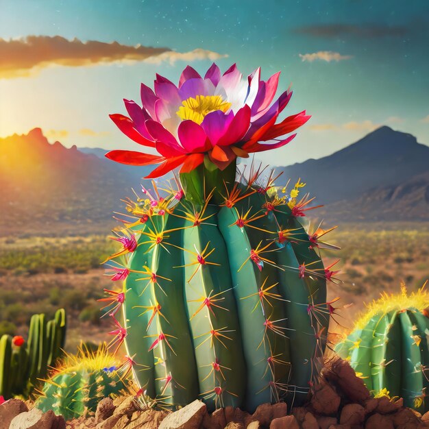 a cactus with colorful flowers in the desert