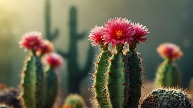 Foto cactus con fiori e sfondo bokeh