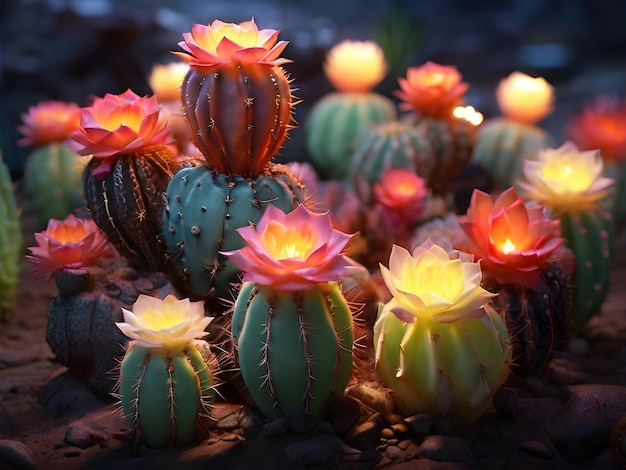 Photo a cactus with flowers and a cactus with the light on it