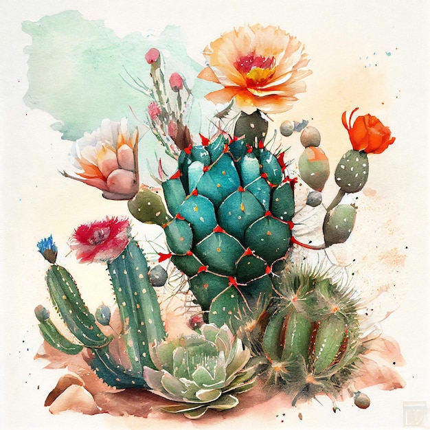 Cactus with flowers Watercolor