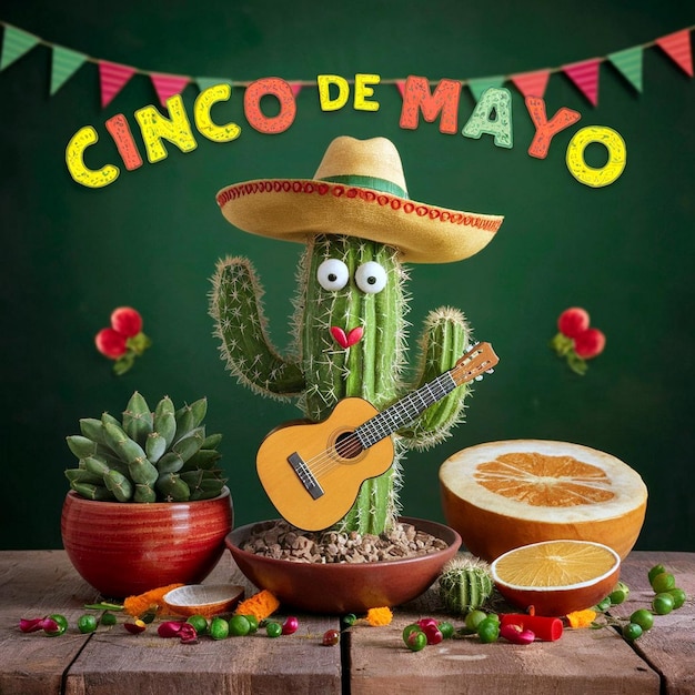 A cactus with a hat and a guitar and some fruits and some other fruits