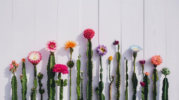 a cactus with a pink flower on it is in front of a white wall