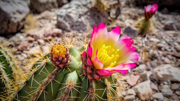 A cactus with a pink flower on it