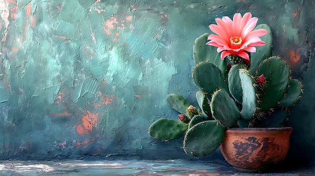 Photo a cactus with a pink flower in a pot on a table