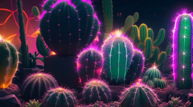Photo a cactus with purple and green colors is surrounded by a purple and green plant