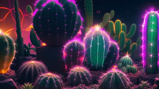 a cactus with purple and green colors is surrounded by a purple and green plant