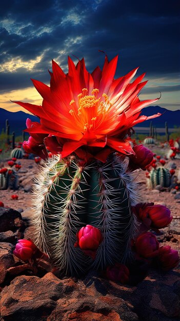 a cactus with a red flower in the middle