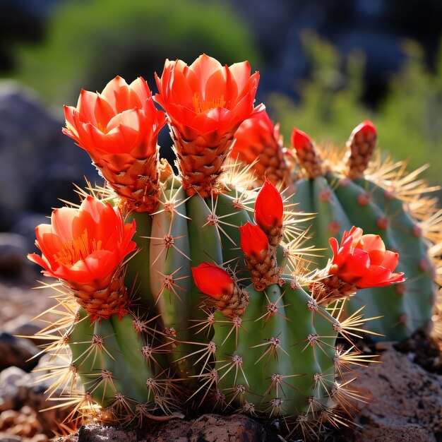 Cactus with red flowers in the desert on a sunny day