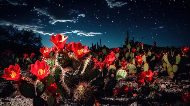 Cactus with red flowers in the night