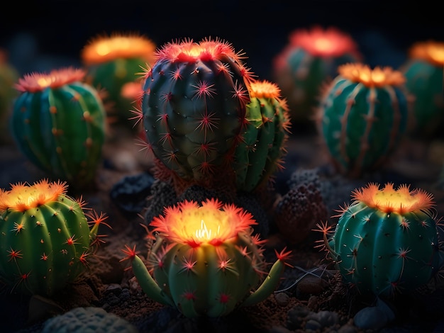 a cactus with the red light on it is lit up