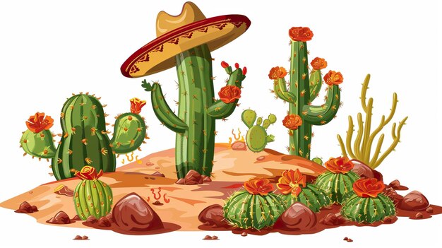 Кактус с шляпой сомбреро на вершине пустынного холма в стиле мультфильма векторная иллюстрация клипарт