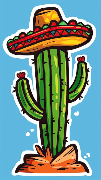 Cactus with sombrero hat on top of desert hill in the style of cartoon vector illustration clipart