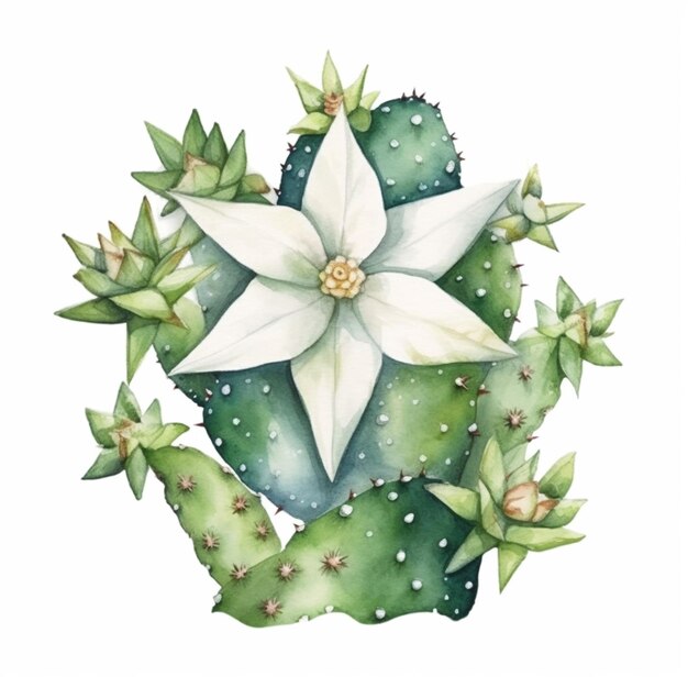 A cactus with a white flower and leaves.