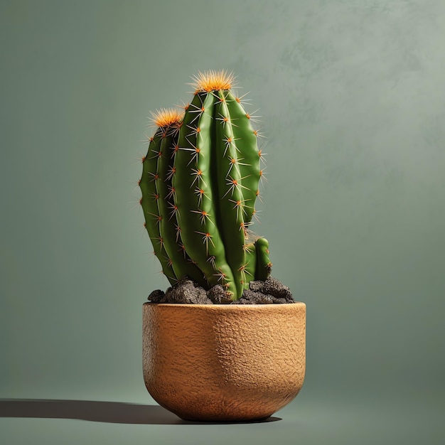 A cactus with a yellow tip in a pot on a gray background.