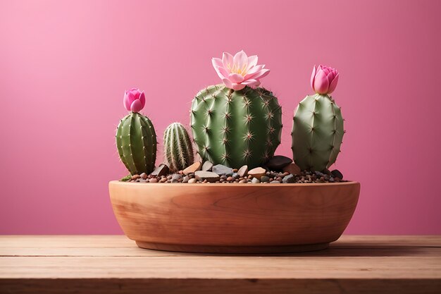 Cactus on wooden table and pink background with copy space