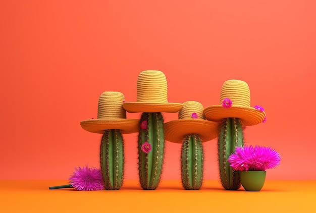 Cactuses with sombreros on an orange background