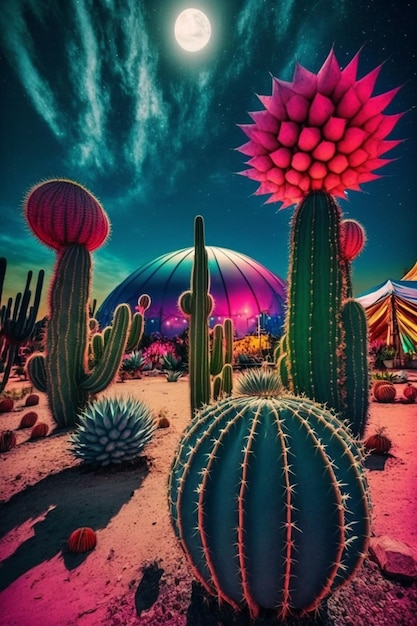 Cactusplant met roze bloemen en paraplu's in de woestijn generatieve ai