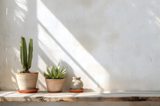Cactussen in kleipotten op een witte plank tegen een beige muur