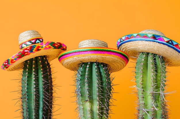 Cactussen in potten met sombrero op een gele achtergrond