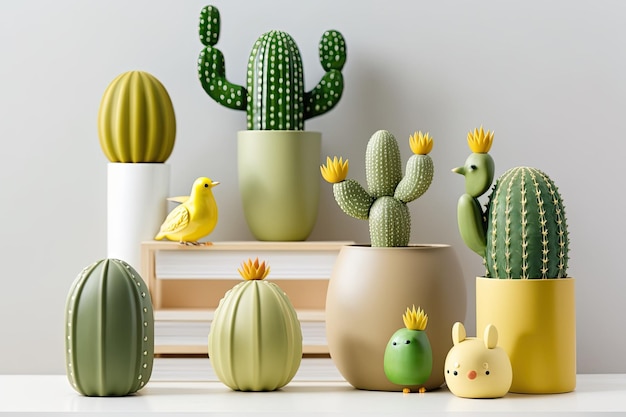 Cactusshaped ceramic figurines in green displayed on a white shelf