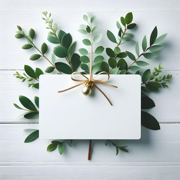 cadeaubon takken en groene bladeren decoratie op witte houten tafel achtergrond