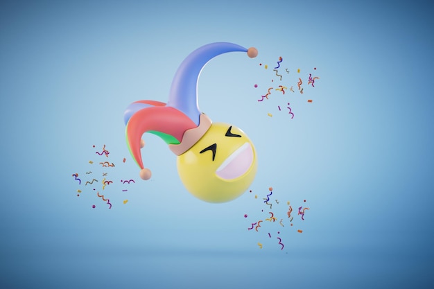 Cadeaus voor April Fools' Day een lachende emoji in een narrenhoed waarrond confetti 3D render is