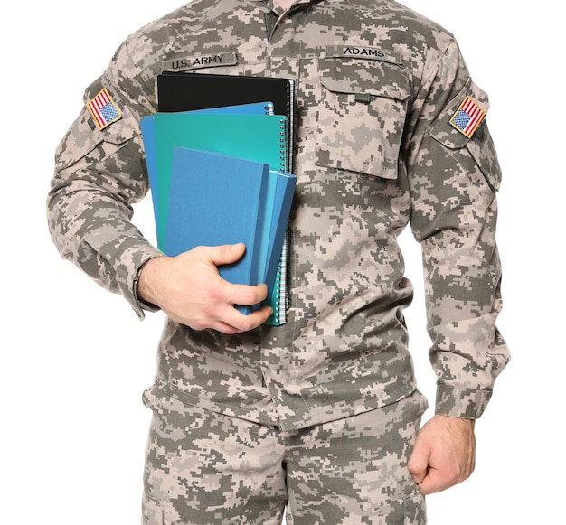 Cadet of military school on white background closeup