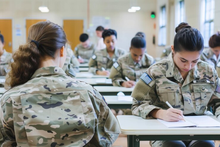 Photo 考生在軍事學院進行考試 男性和女性軍校生在考試中進行考試或進行筆記