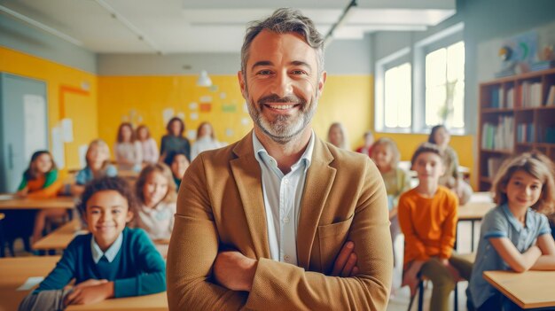 cadid shot of smiling male teacher in a class at elementary school looking at camera with learning smiling students on background