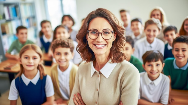 cadid shot of smiling male teacher in a class at elementary school looking at camera with learning smiling students on background