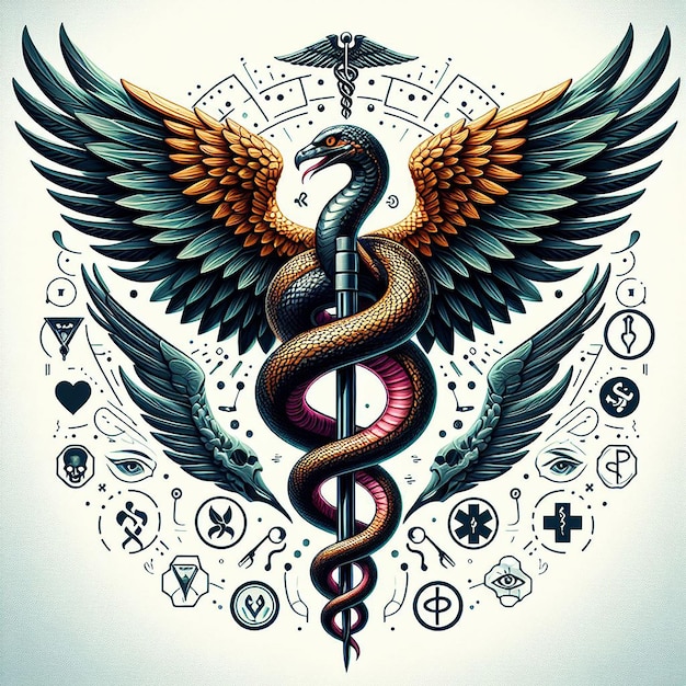 Photo caduceus symbol made using bird wings and poisonous snakes healthcare conceptual