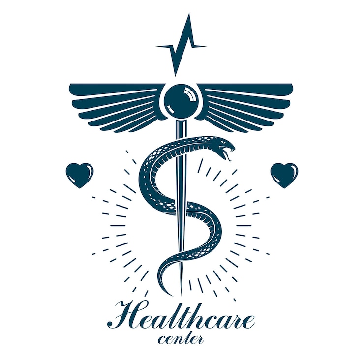 Photo caduceus vector conceptual logo made using heart shape and an ecg chart cardio rehabilitation center vector logotype for use in healthcare business
