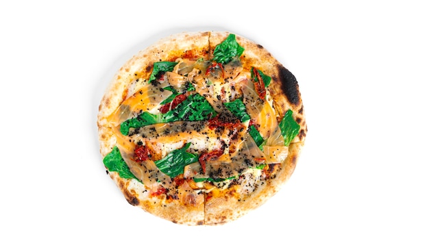 Caesar pizza with salmon, mozzarella and basil isolated.