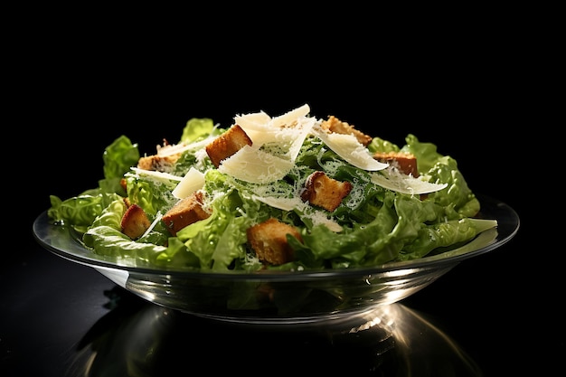 Caesar salad in a glass plate on a dark background generated by AI