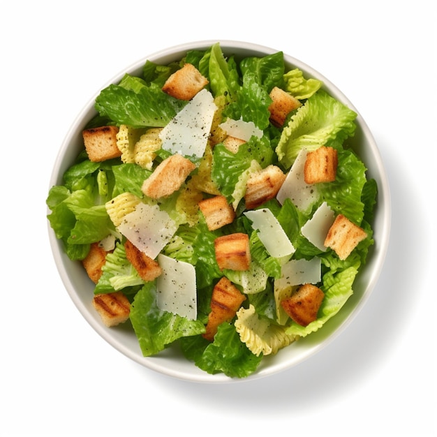 Caesar salad in take away bowl on white background from above