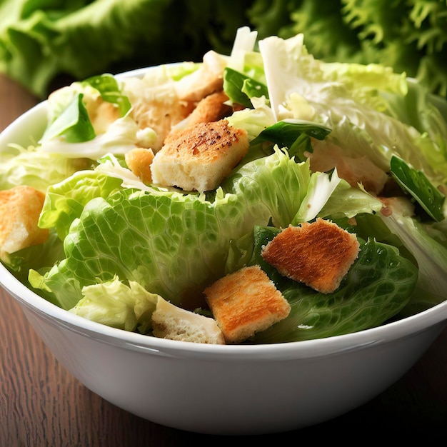 Caesar salad in a white bowl on wooden table