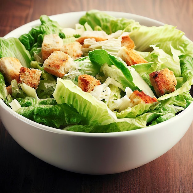 Caesar salad in a white bowl on wooden table