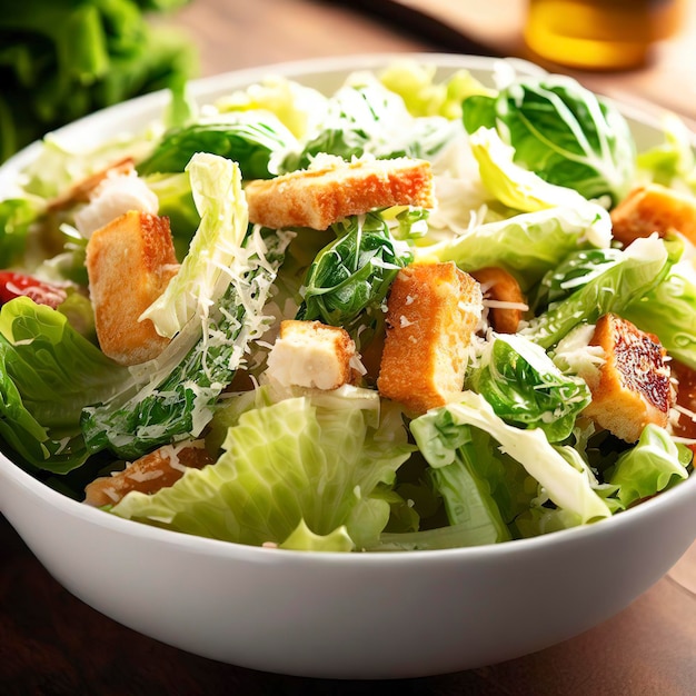 Caesar salad in a white bowl on wooden table