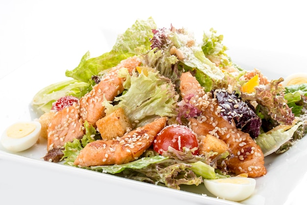 Caesar salad with chicken On white background