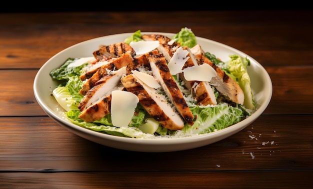 Caesar salad with grilled chicken meat lettuce and cheese shot from the top on the wooden table